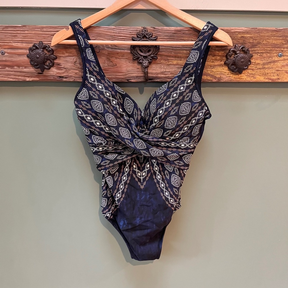 Miraclesuit Criss Cross Escape One Piece Swimsuit Navy Blue Tribal Print 12 NEW
